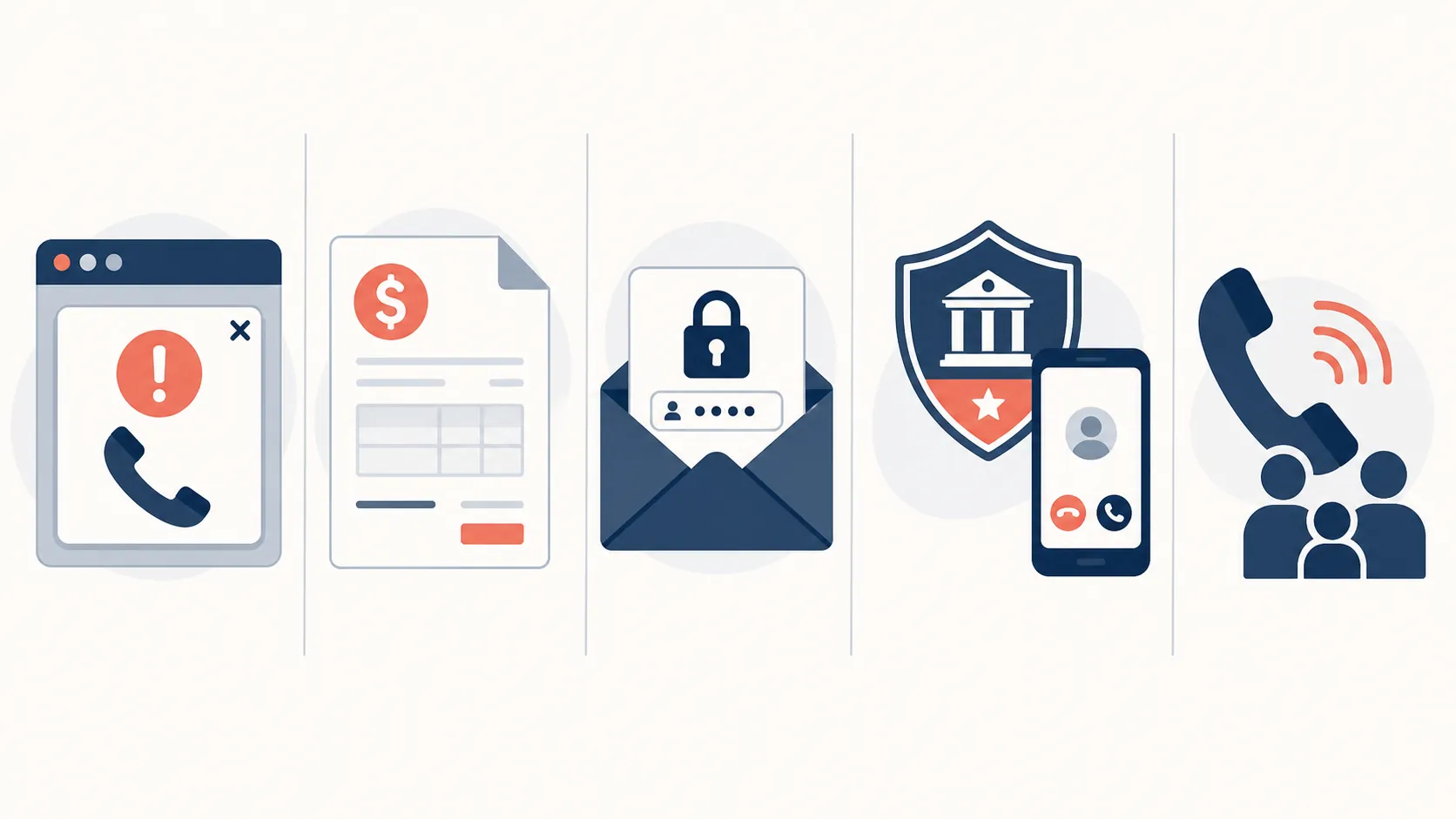Five common scam arrival scenarios shown as pop-up, invoice, email, government call, and family emergency icons