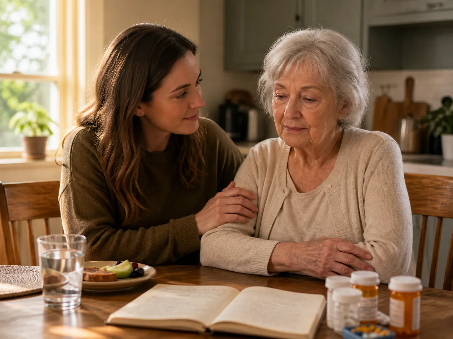 Adult daughter and elderly mother reviewing water, food, medications, and a notebook at a kitchen table