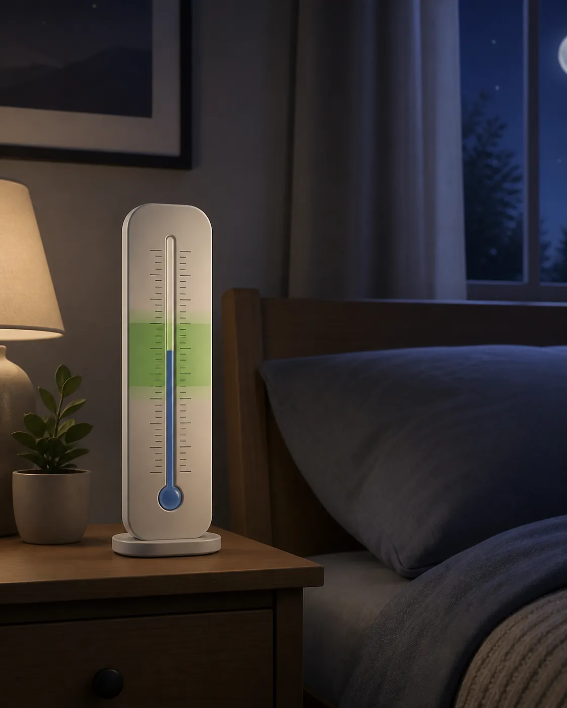 Room thermometer on a nightstand showing a highlighted comfort band rather than one exact temperature
