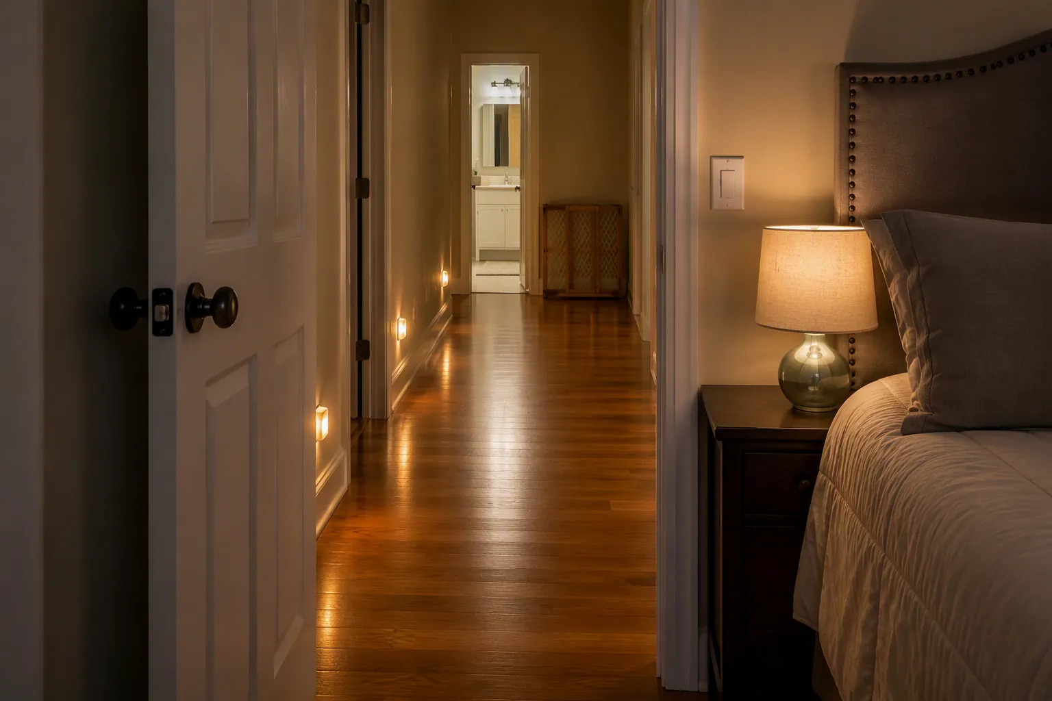 First-floor bedroom doorway with a clear night-lit path to the bathroom and a pet gate nearby
