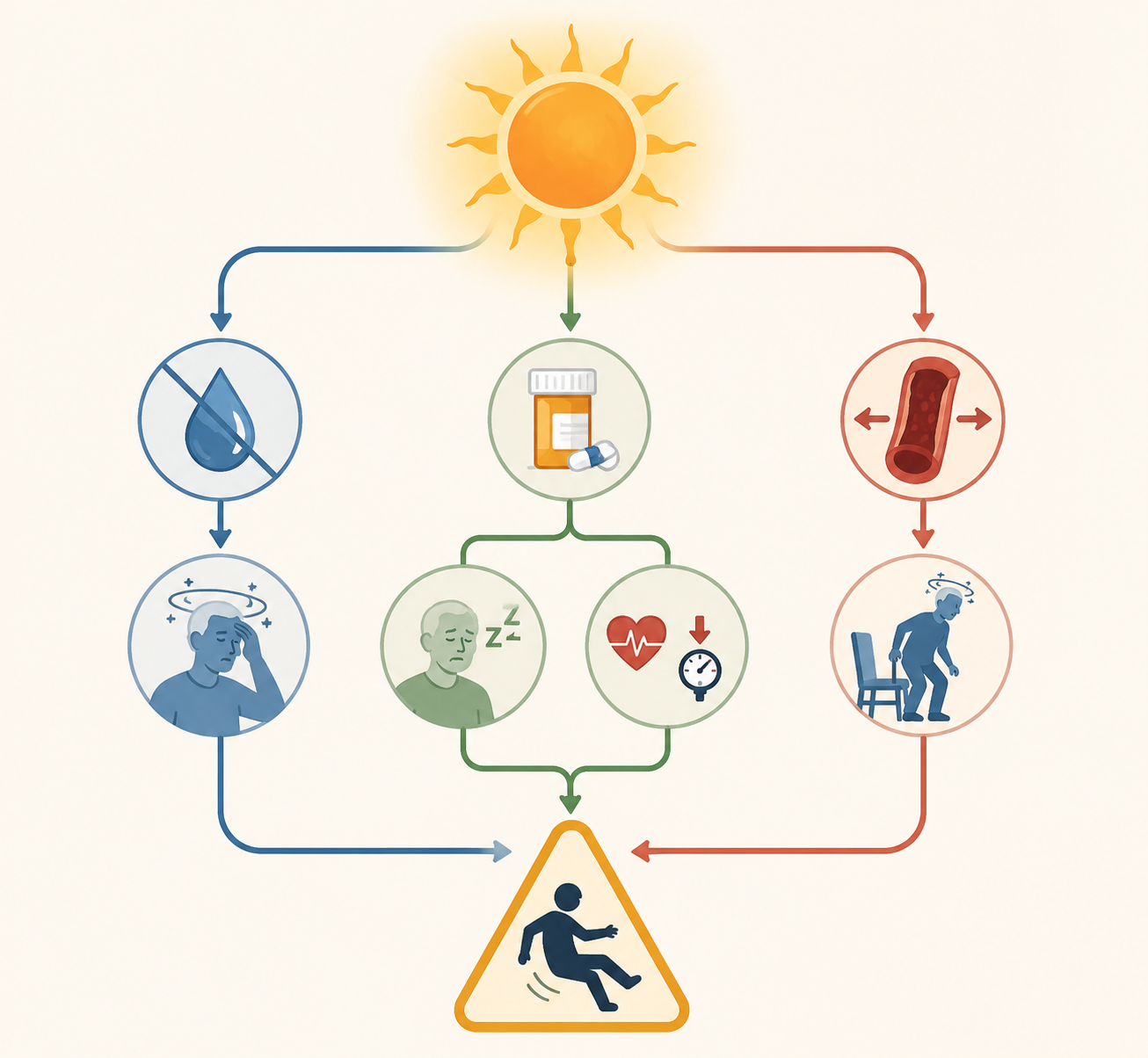 Illustration of dehydration, medication, and blood-pressure pathways converging toward fall risk