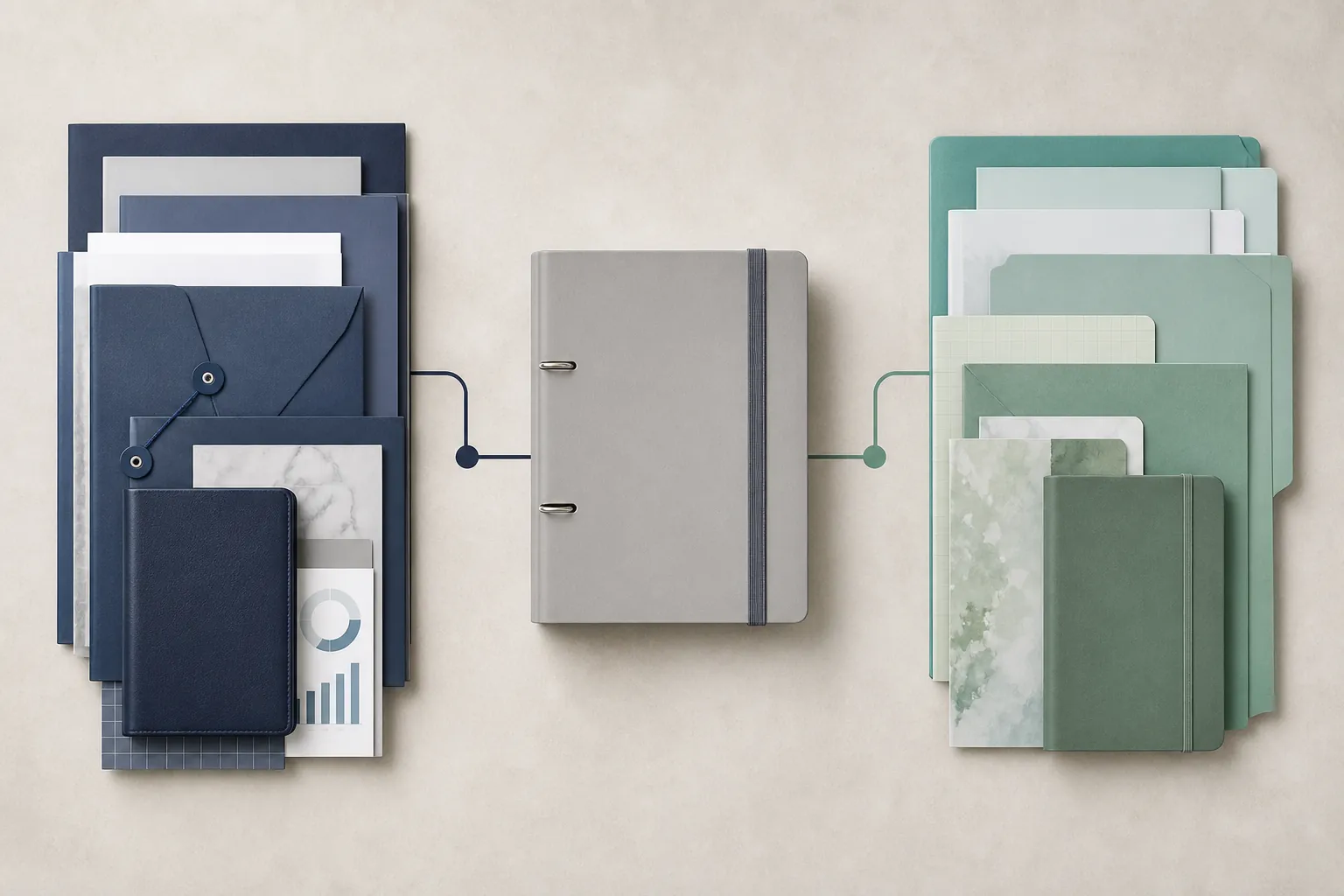 Two organized stacks of legal-financial and healthcare folders with a binder between them