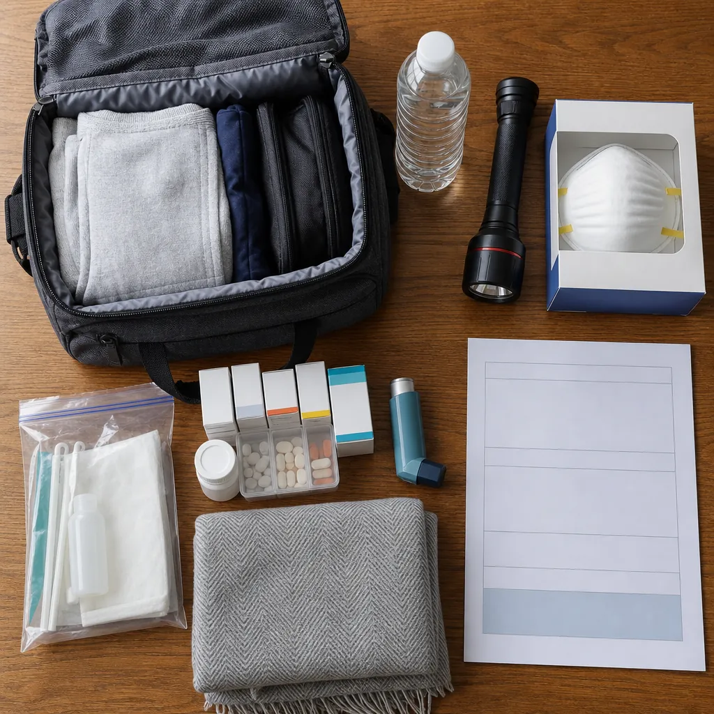 COPD preparedness kit with go-bag, prescription medications, inhaler, N95 masks, action plan, flashlight, and bottled water