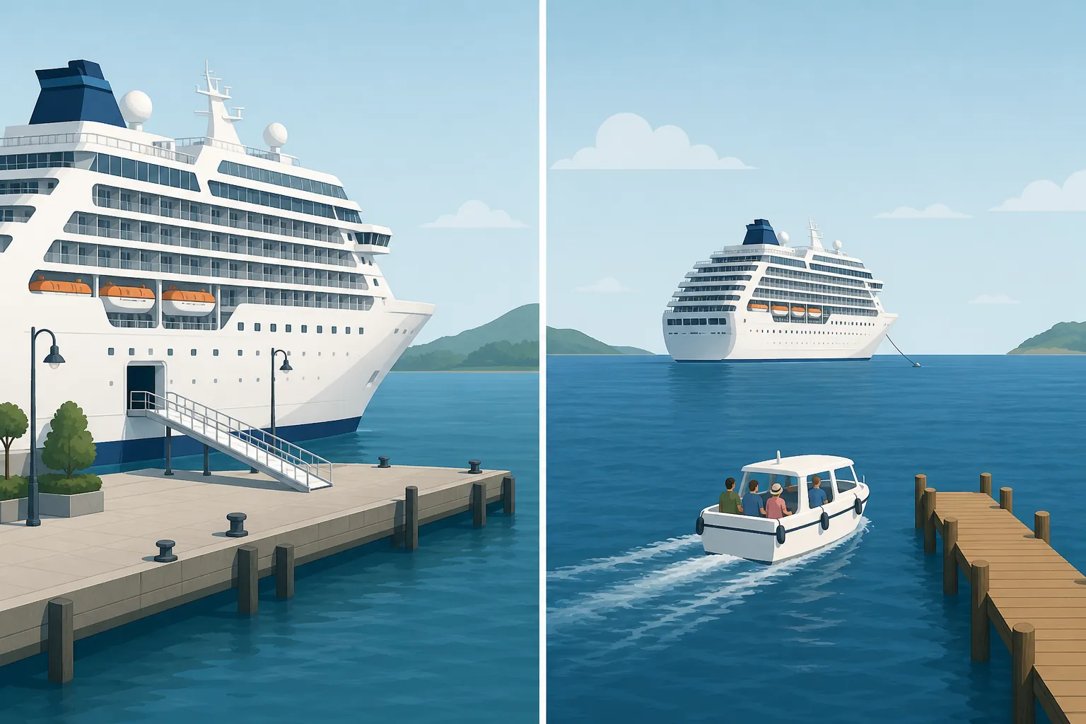 Illustration comparing a cruise ship docked at a pier with a ship anchored offshore using a tender boat