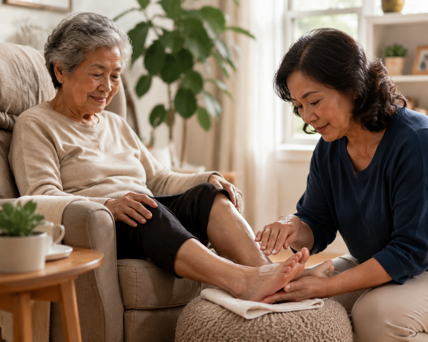 A caregiver helps an older adult with a calm foot care routine at home