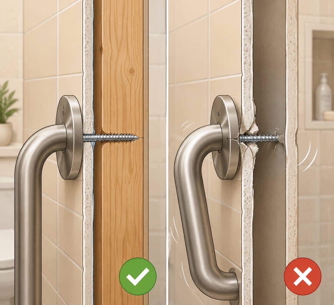 Diagram comparing a grab bar screw anchored into a wall stud with a screw pulling through drywall only