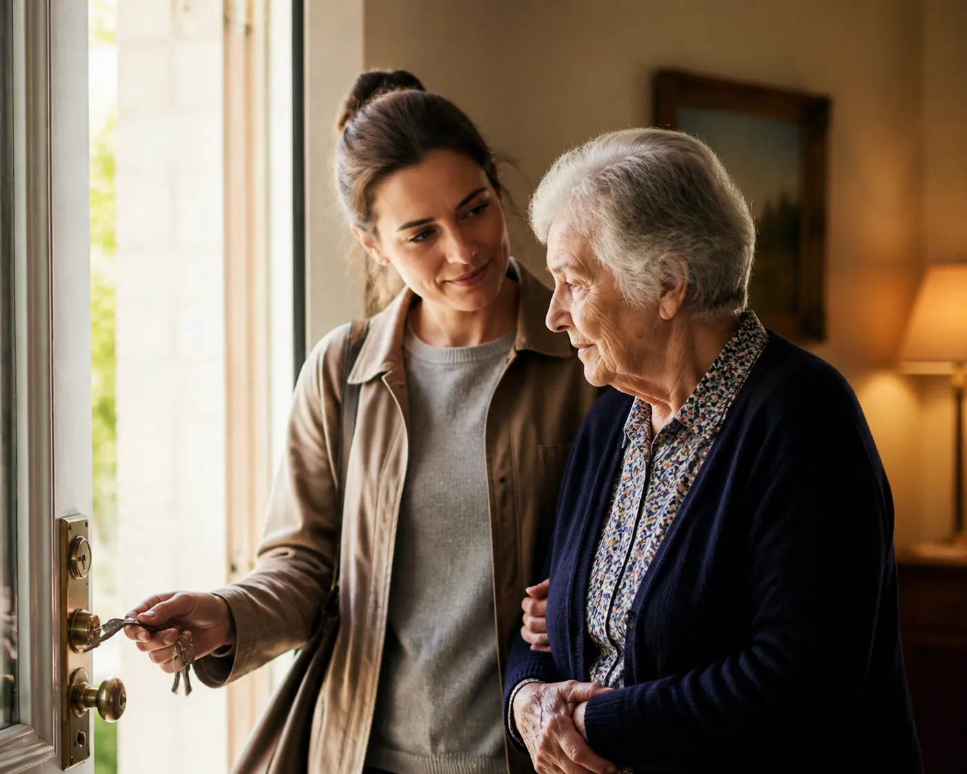 Caregiver and older adult pause at a doorway before a possible outing