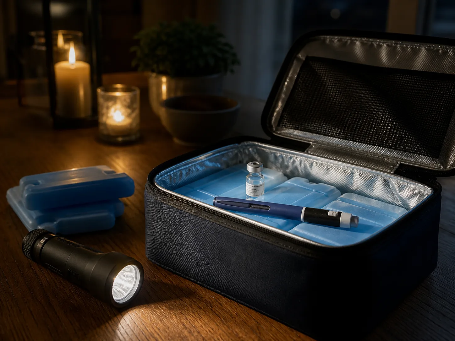 Insulated cooler bag with ice packs holding insulin and a refrigerated vial beside a flashlight during a power outage