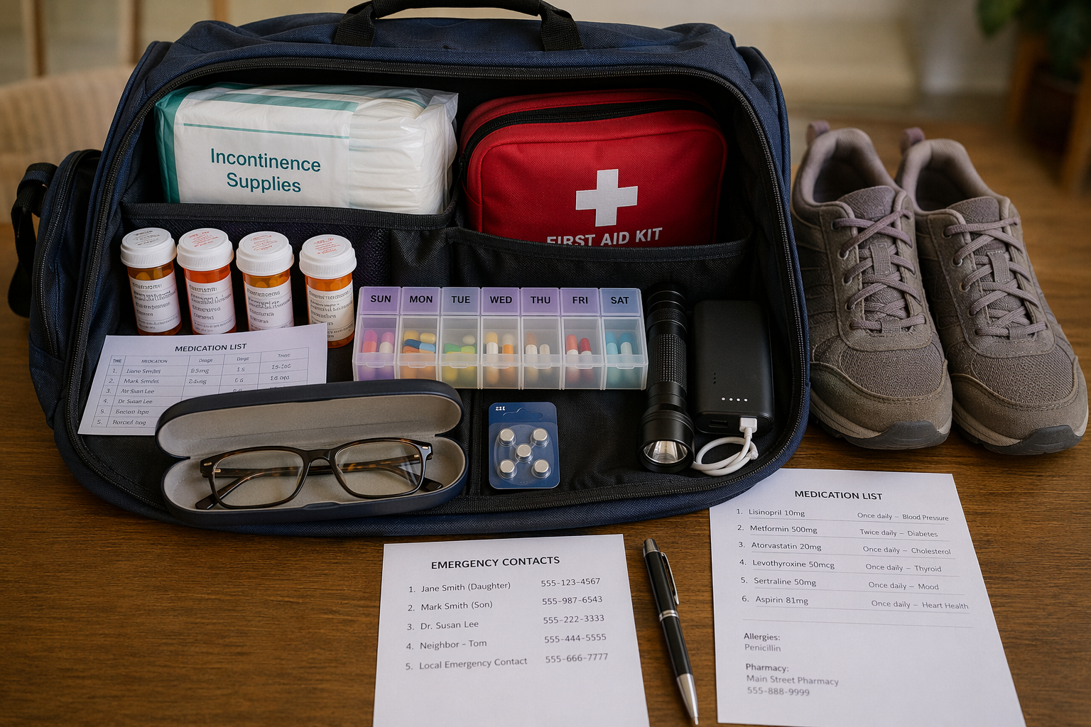 Open senior-specific go-bag with medications, spare glasses, hearing aid batteries, documents, walking shoes, incontinence supplies, first aid kit, and phone charger