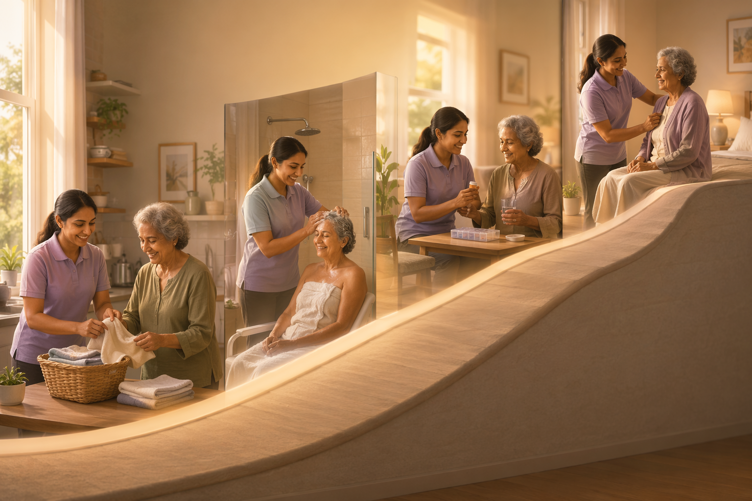 A gentle upward ramp illustration showing the gradual scaling of home care services, from light housekeeping to personal care.