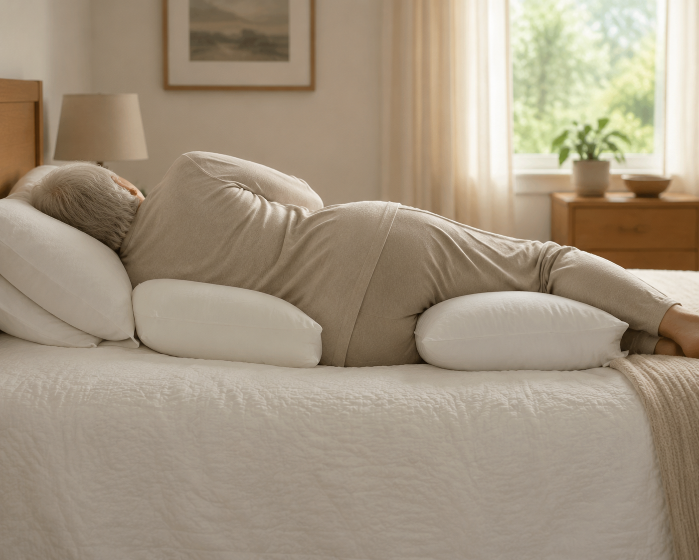Side-lying bed positioning with pillows supporting the back, knees, and head