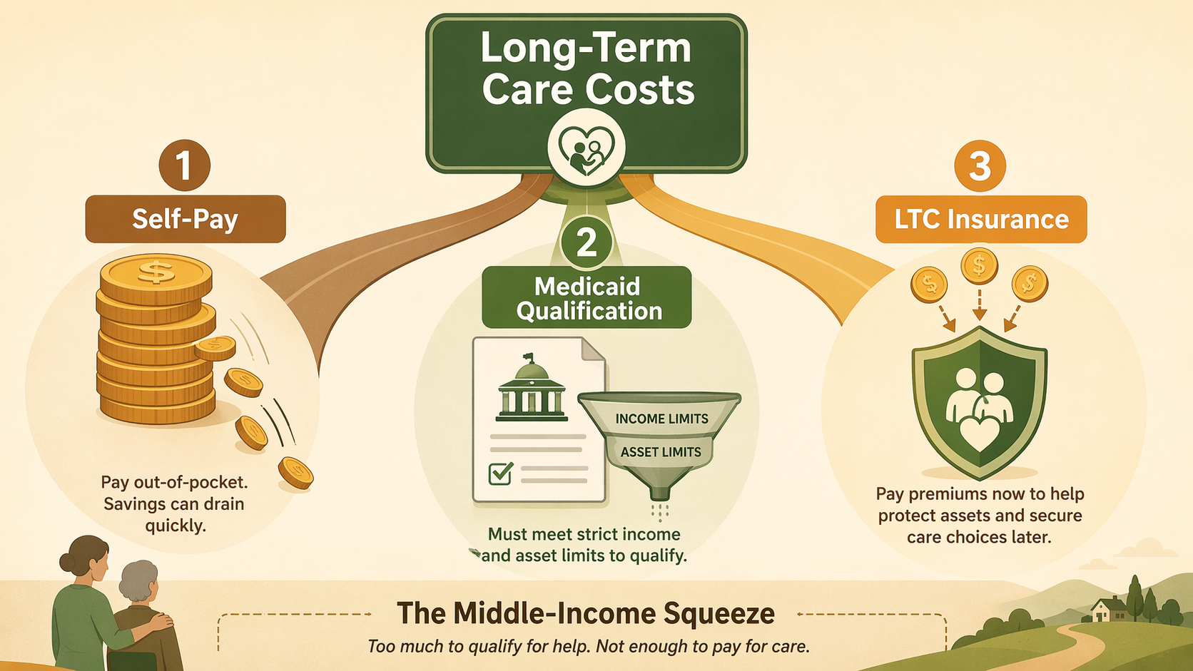 A flat vector illustration showing three diverging payment pathways from 'Long-Term Care Costs': Self-Pay with a draining coin stack, Medicaid Qualification with a document and government building icon showing income limits, and LTC Insurance with a shield icon and coins — with 'The Middle-Income Squeeze' annotation at the bottom.