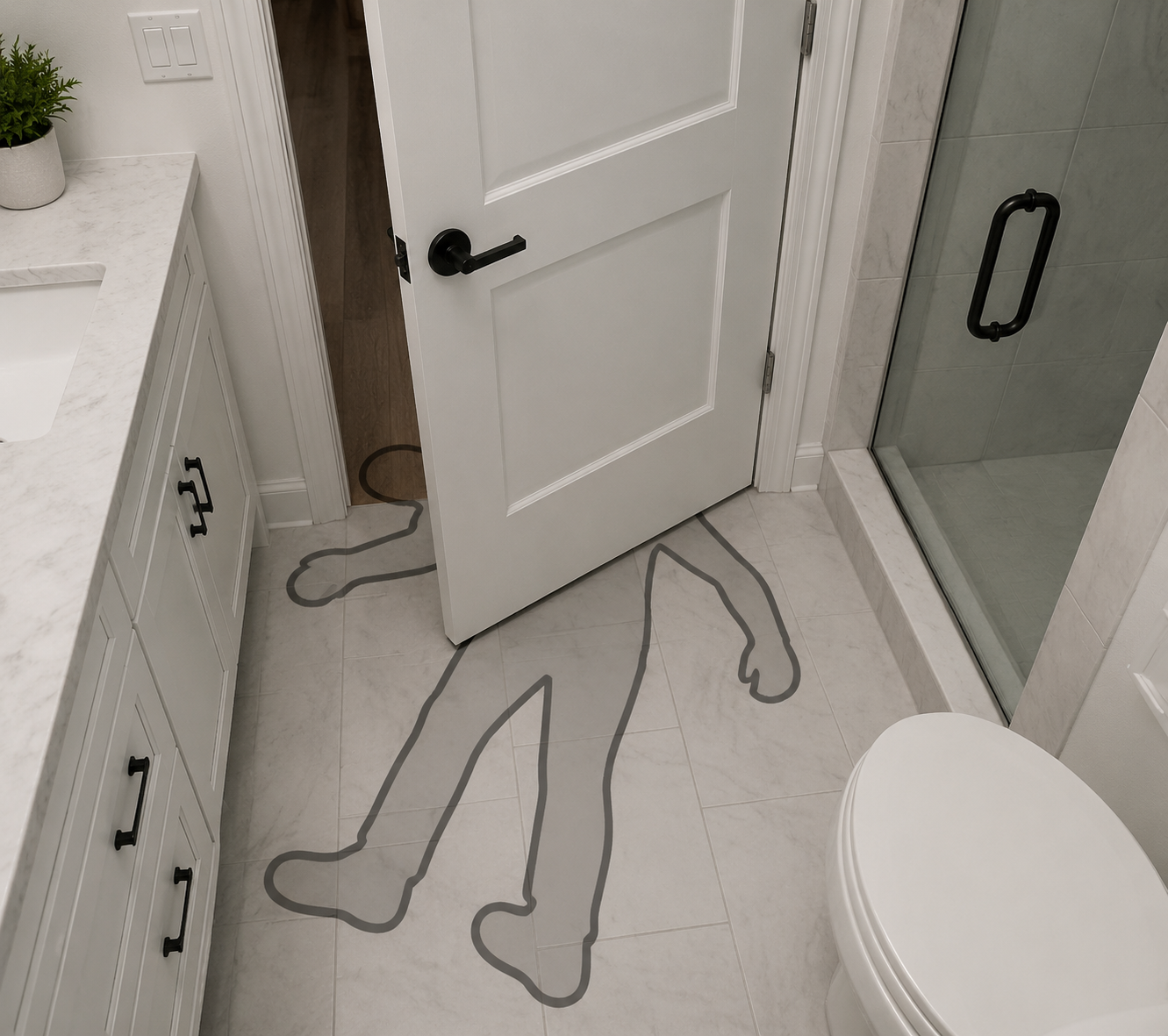 Inward-swinging bathroom door blocked by the outline of a fallen person on the floor