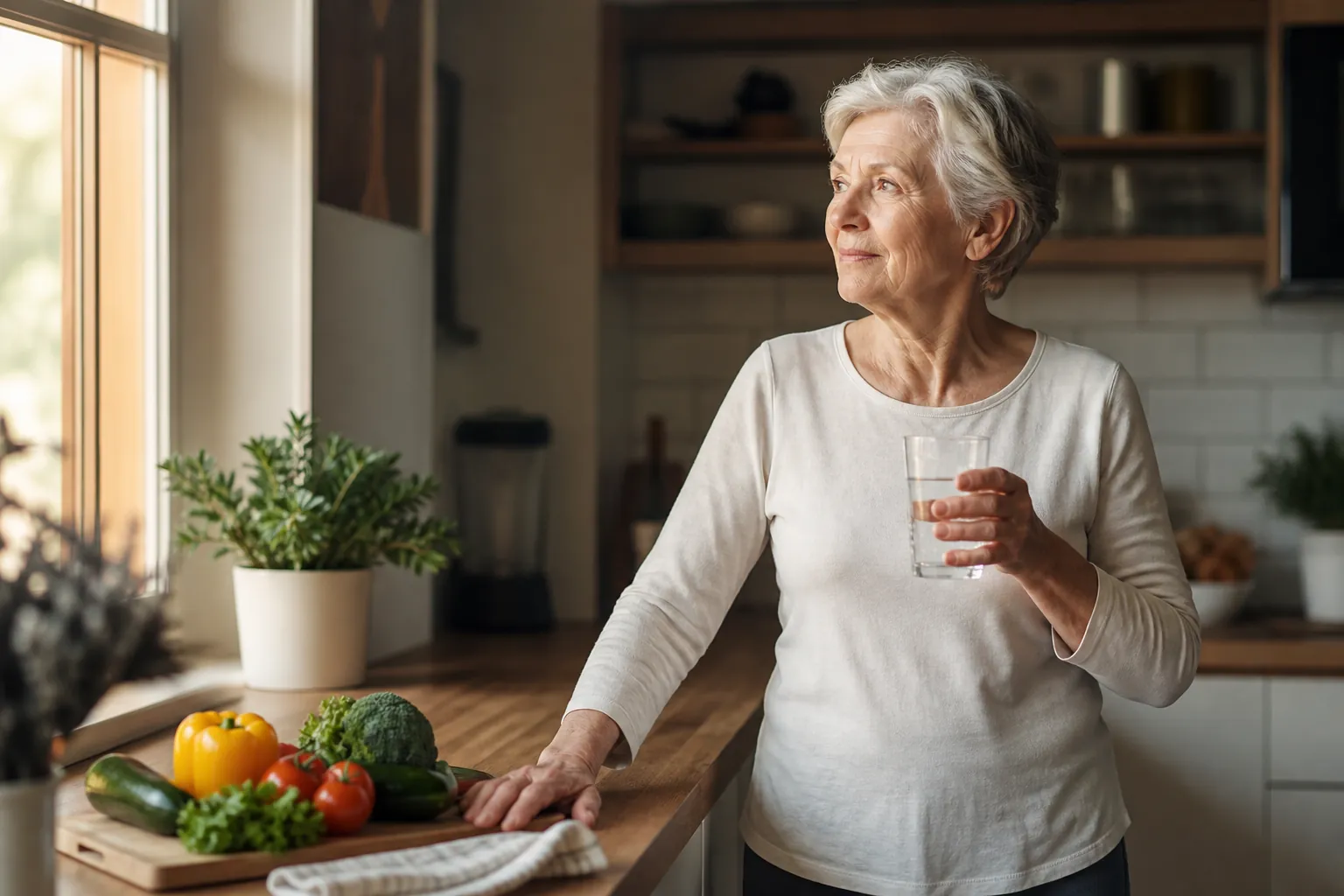 Older woman in a bright kitchen holding a glass of water near a cutting board with vegetables