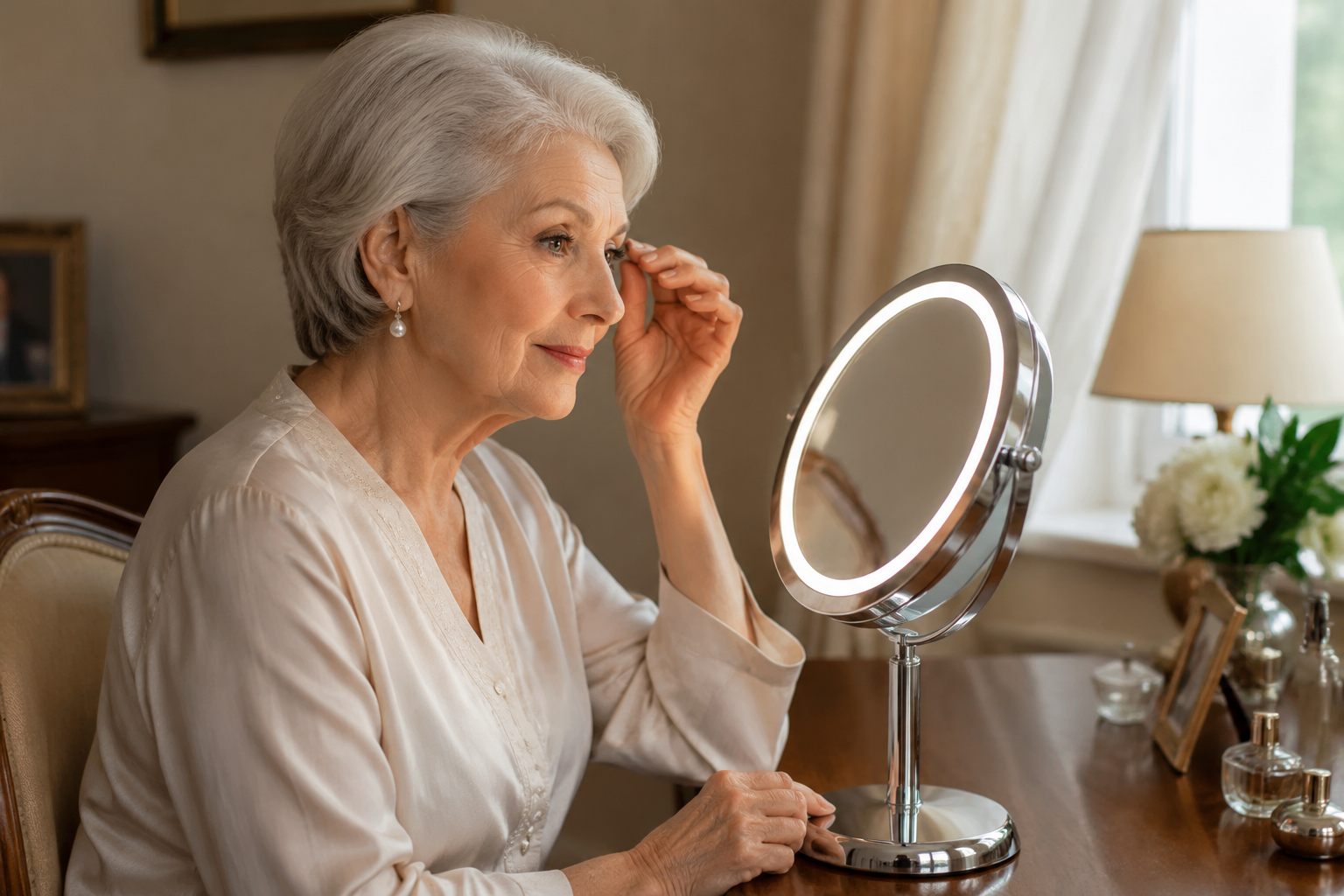 Older woman sitting upright at a vanity using a stable LED magnifying mirror