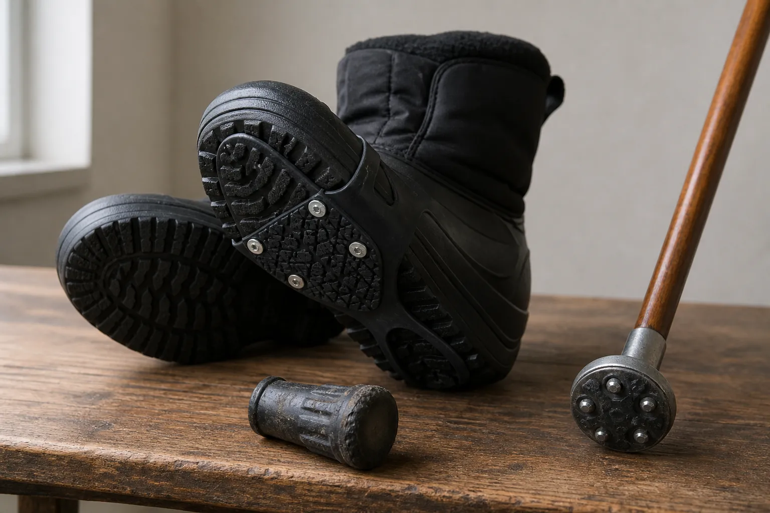 Rubber-soled winter boots with an ice-grip cover, a cane with an ice-gripper tip, and a worn smooth cane tip