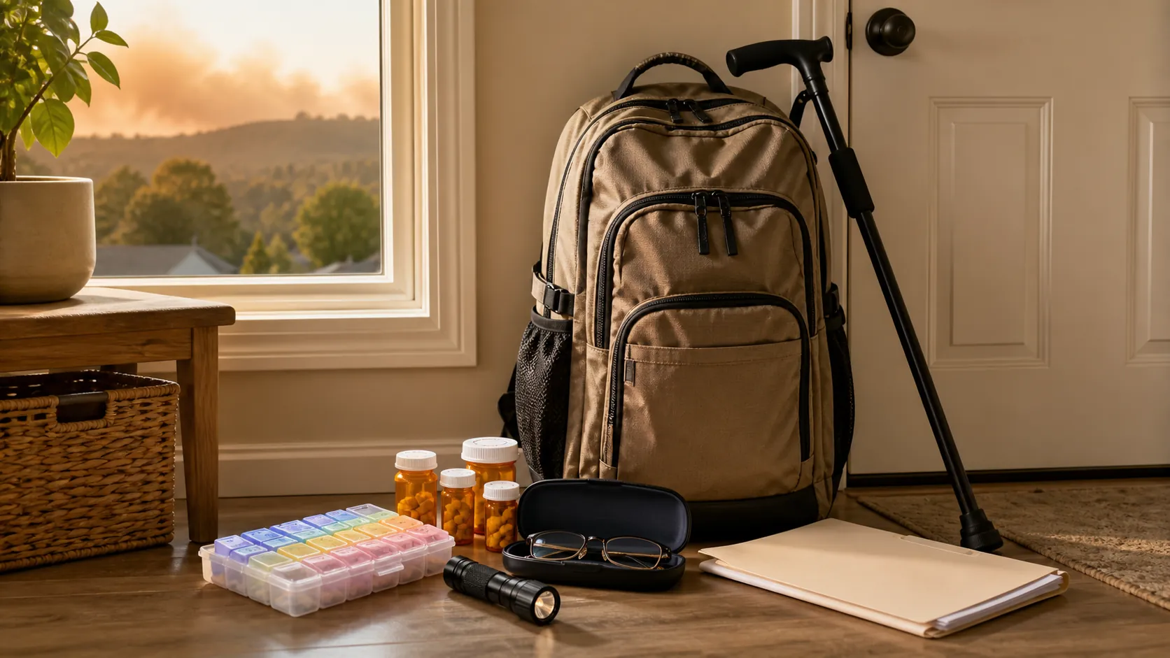 Packed senior wildfire evacuation go-bag by a front door with medications, spare glasses, documents, flashlight, and a folded cane