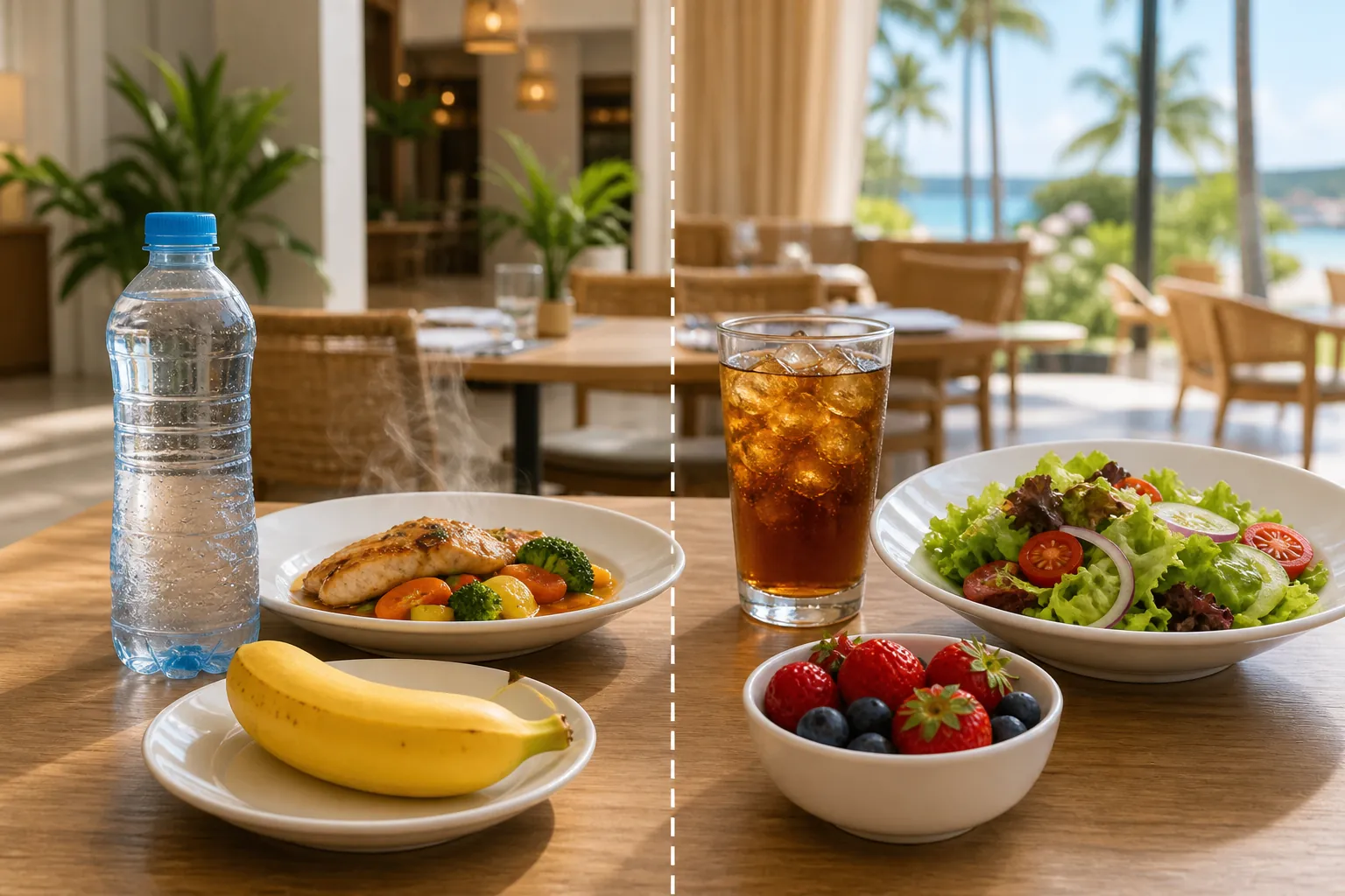 Resort dining table showing safer choices such as sealed water, hot cooked food, and whole fruit beside riskier iced drinks, salad, and berries