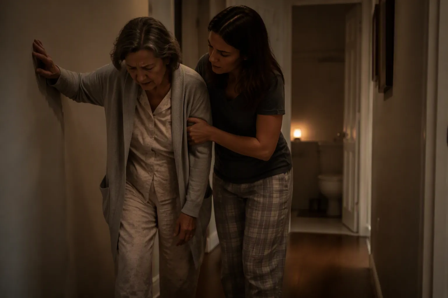 Older woman in pajamas steadies herself against a hallway wall while her adult daughter supports her on the way to the bathroom at night