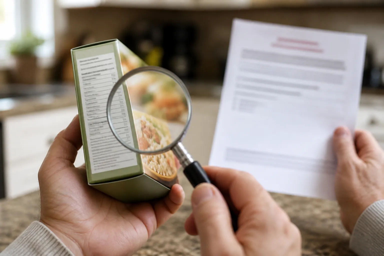 Hands comparing a food package label with a printed official recall notice using a magnifying glass