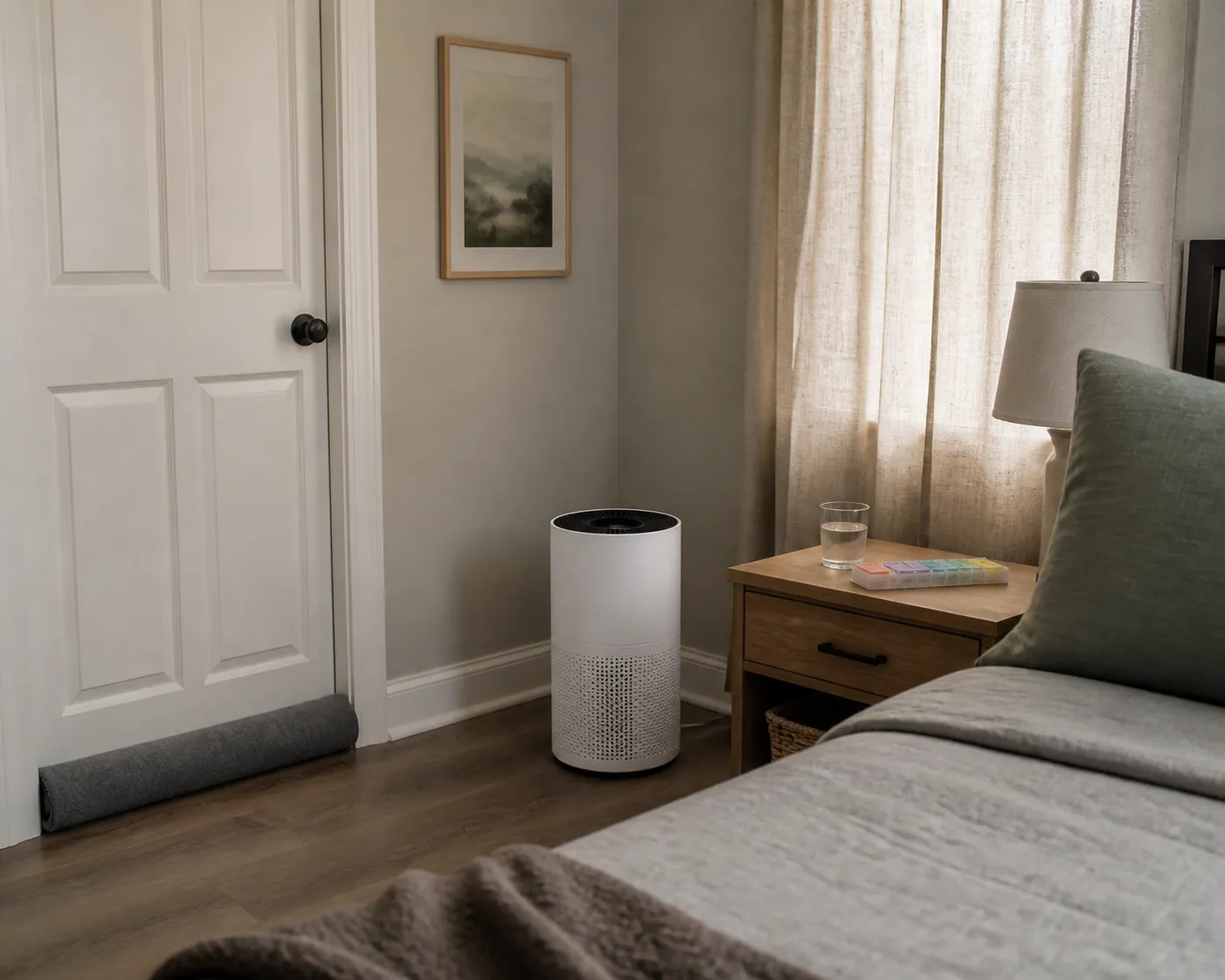 A prepared clean-air room with an air purifier, towel along the door gap, water, and a weekly pill organizer