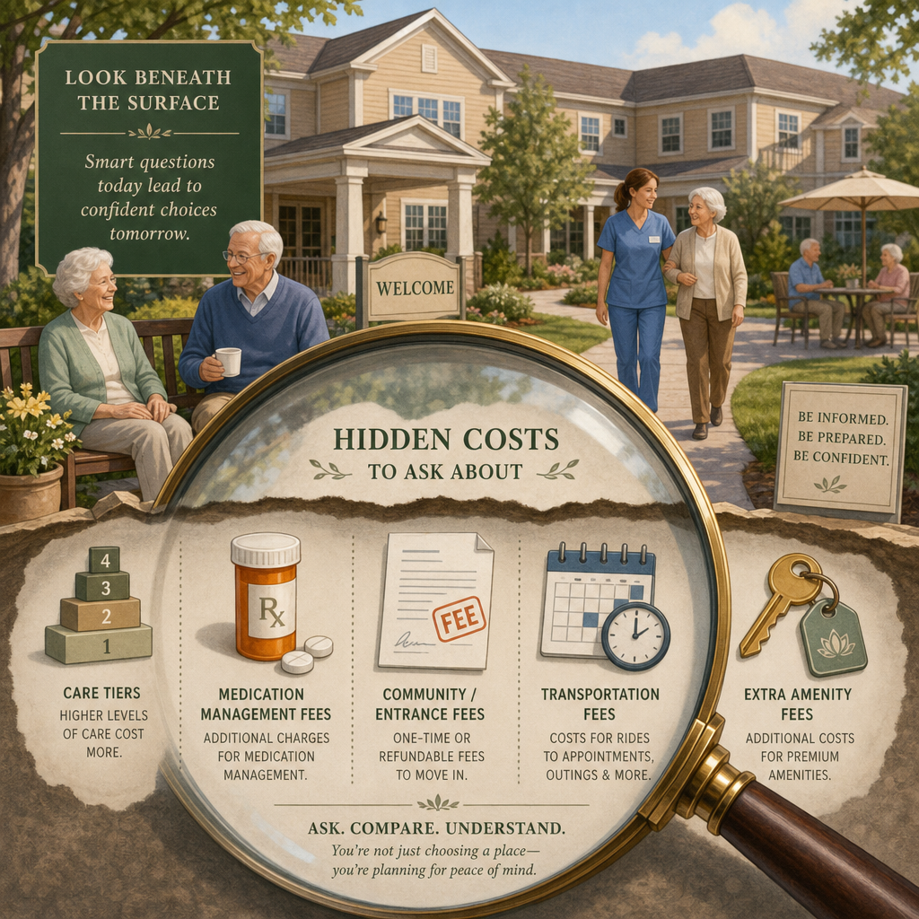 A magnifying glass hovering over an assisted living facility scene revealing hidden costs below the surface.