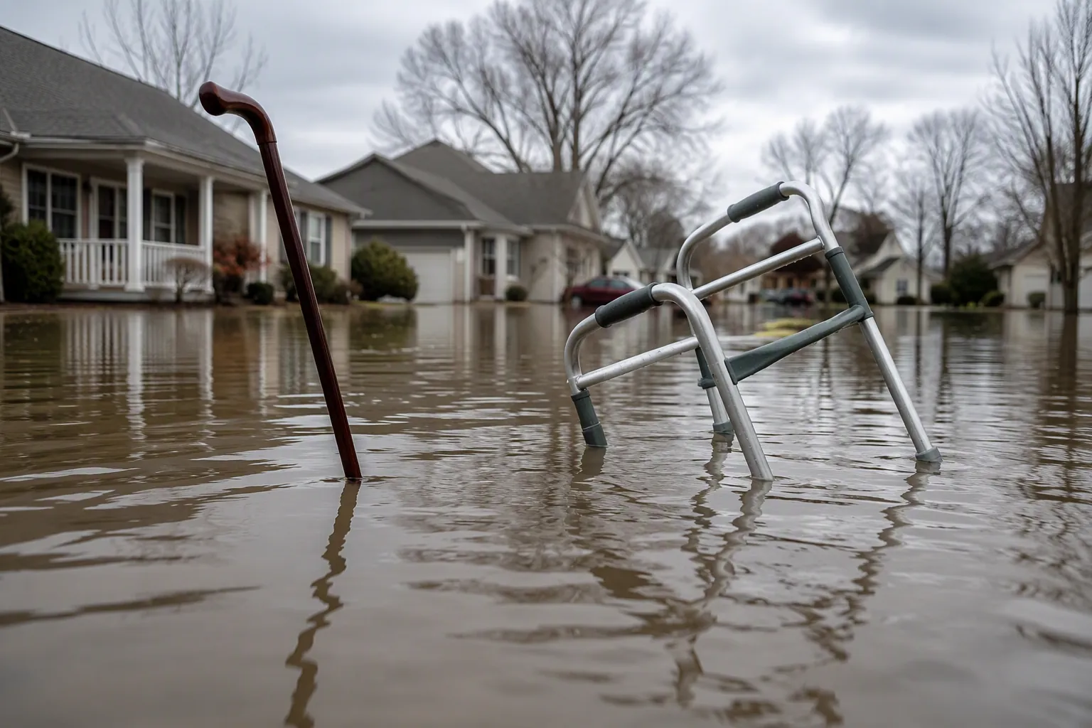 Flooded residential street with a cane and walker partly submerged in shallow water