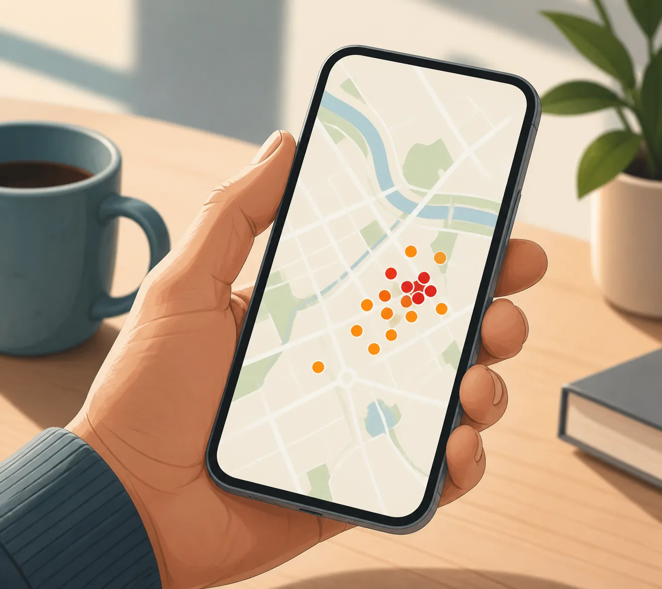 A smartphone displays an abstract outage map with red and orange report clusters