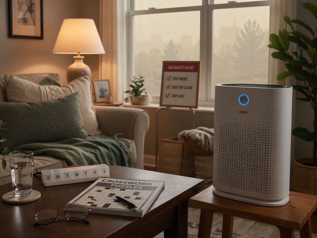 Organized living room with HEPA air purifier, water, pill organizer, crossword book, and reading glasses during an air quality alert