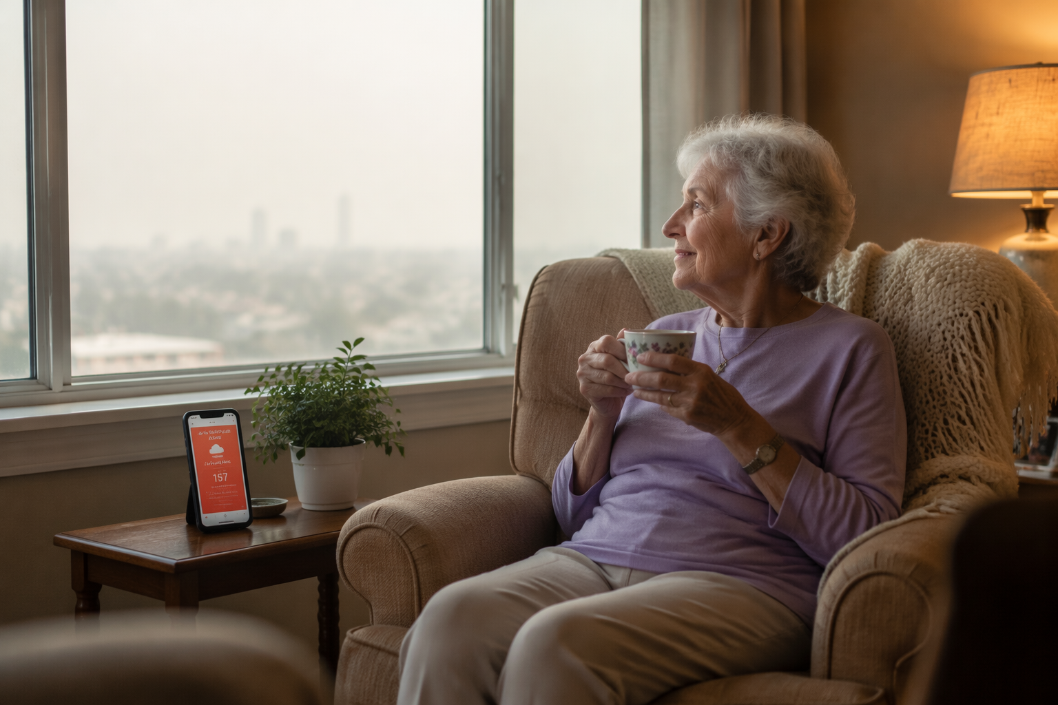 Older adult indoors near a window while a phone shows an air quality alert
