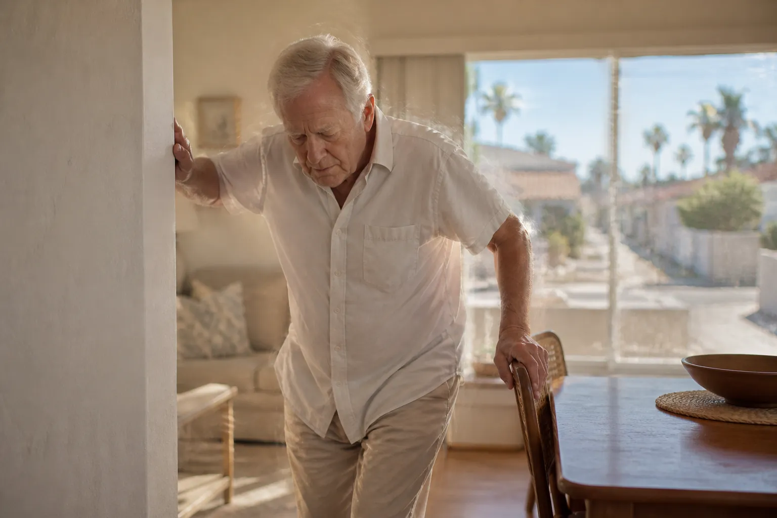 Older adult steadying themselves while rising from a chair during hot weather