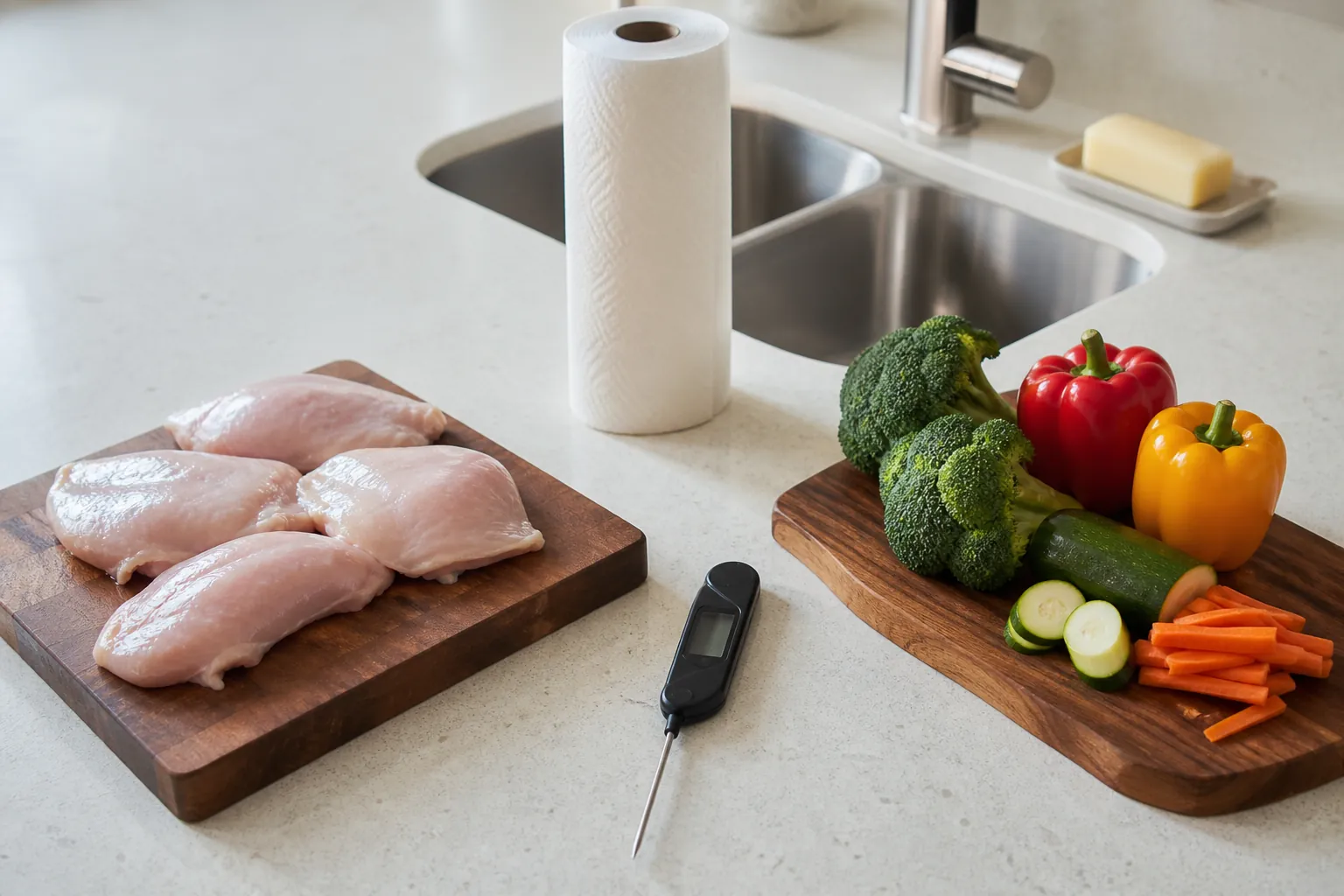 Two cutting boards kept apart with raw chicken on one and vegetables on another, with a meat thermometer nearby