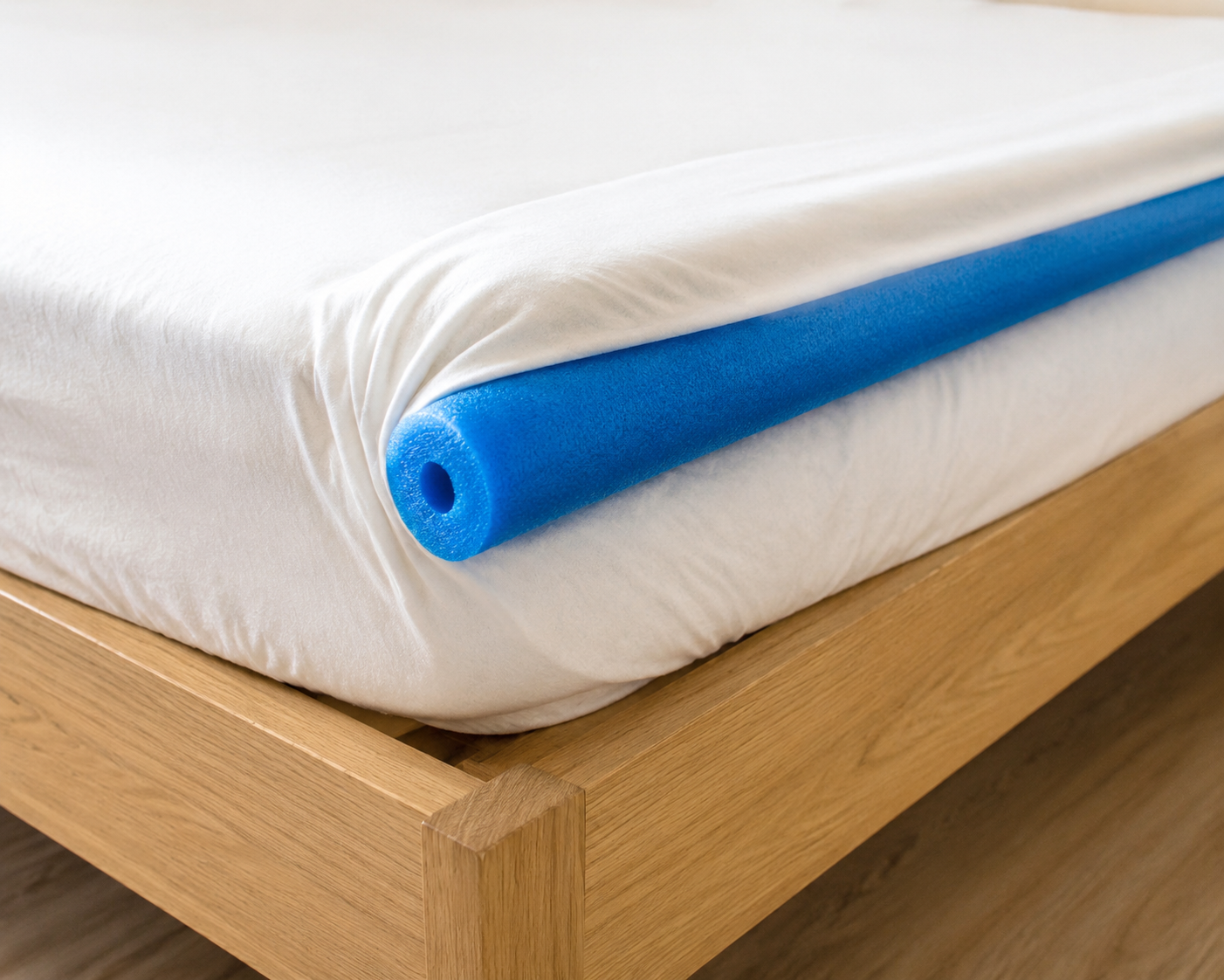 Pool noodle tucked under a fitted sheet to create a gentle raised edge on a mattress