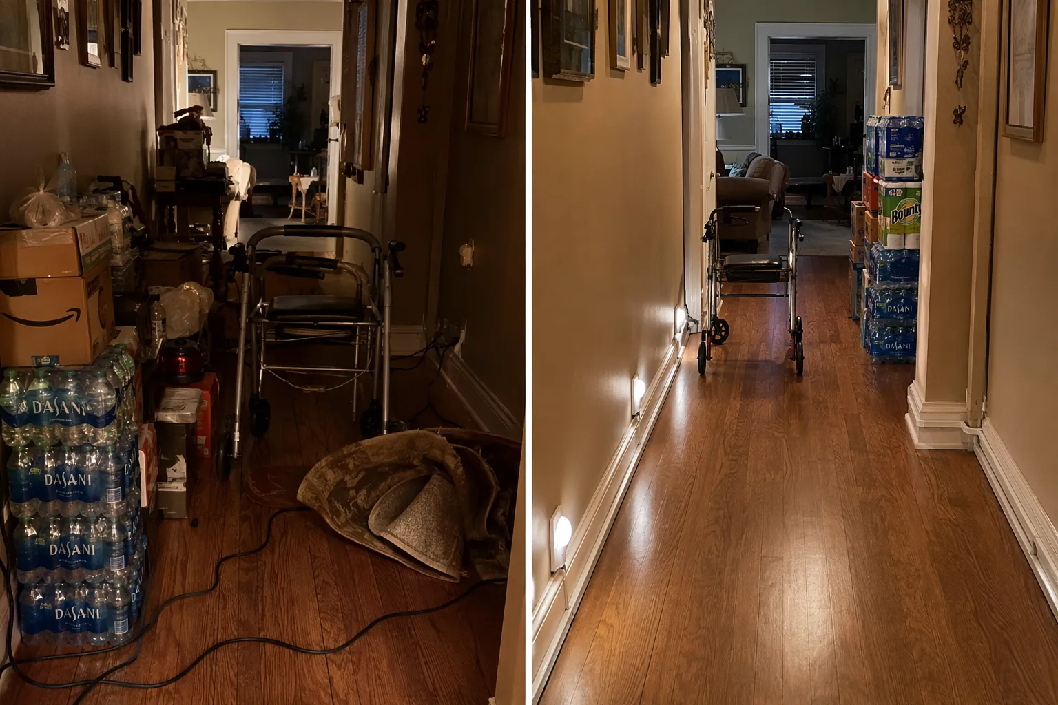 A hurricane preparation hallway shown cluttered on one side and fall-proofed on the other