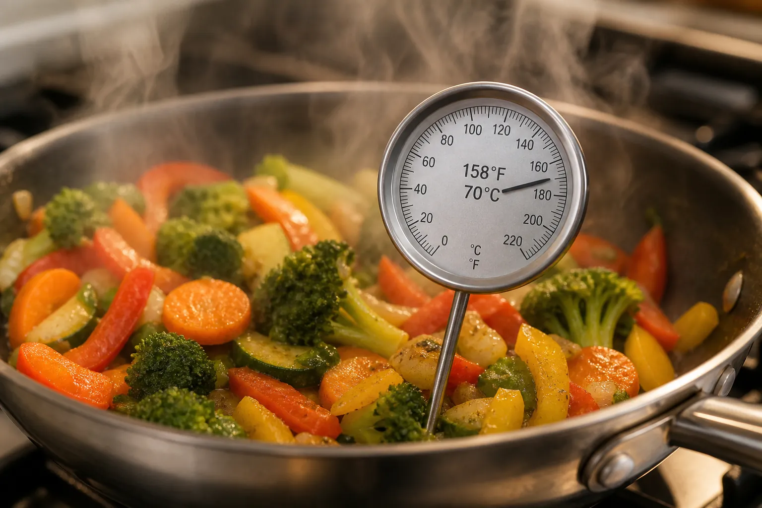 Cooking thermometer showing 158°F in a pan of steaming vegetables