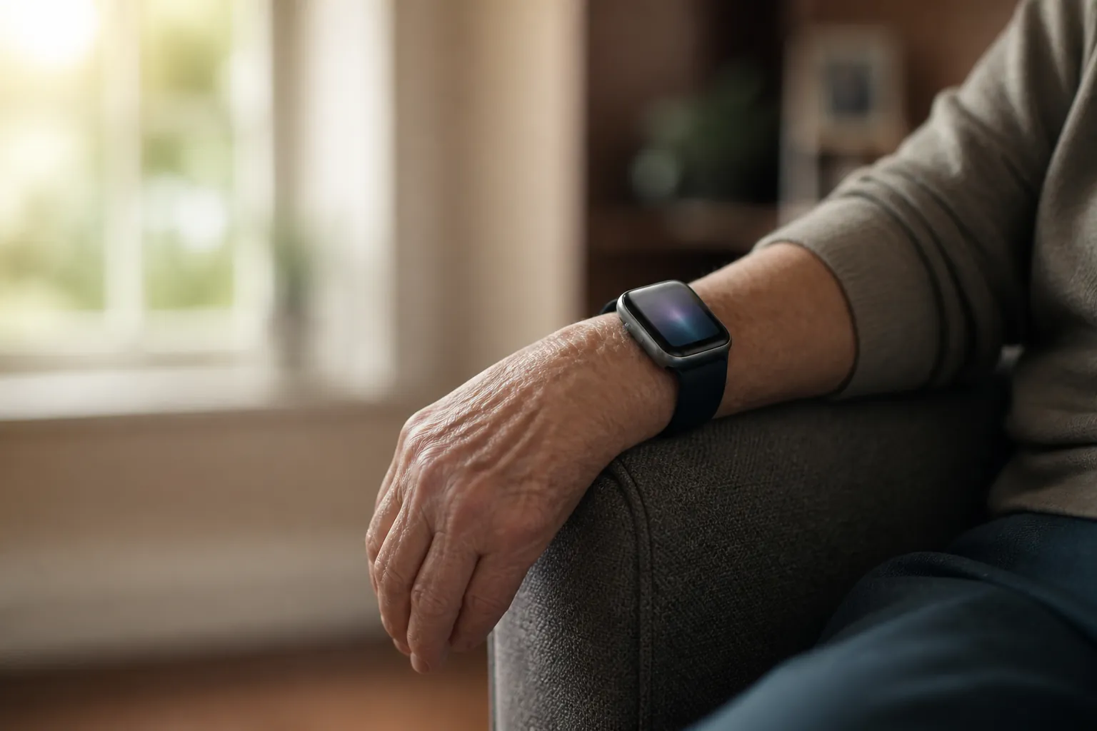 Older adult wearing a sleek smartwatch while seated in a warm living room