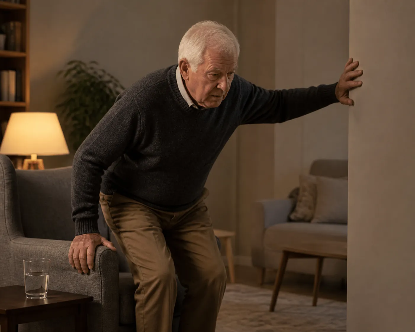 Older man rising carefully from an armchair with a mostly empty glass of water nearby