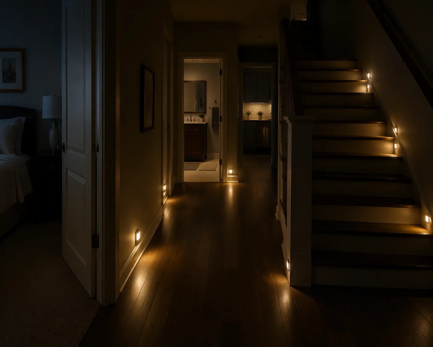 A dark hallway and staircase with motion-activated nightlights creating a visible path from the bedroom toward the bathroom and kitchen