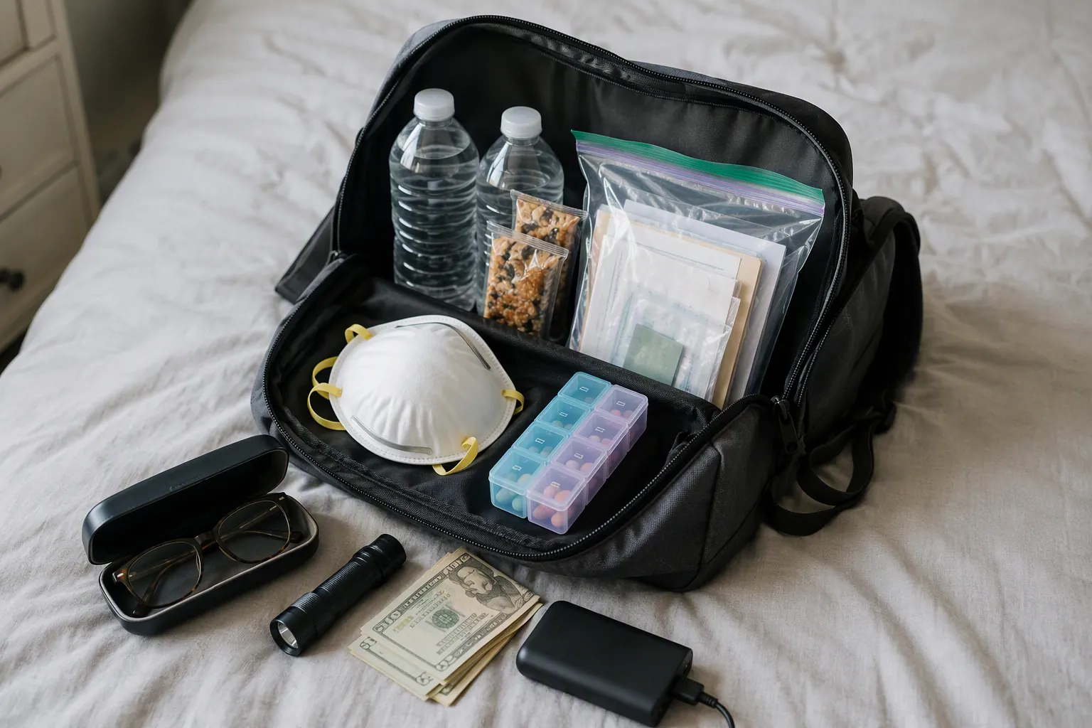 An open emergency go-bag with water, food, medications, N95 masks, documents, eyeglasses, cash, flashlight, and a power bank