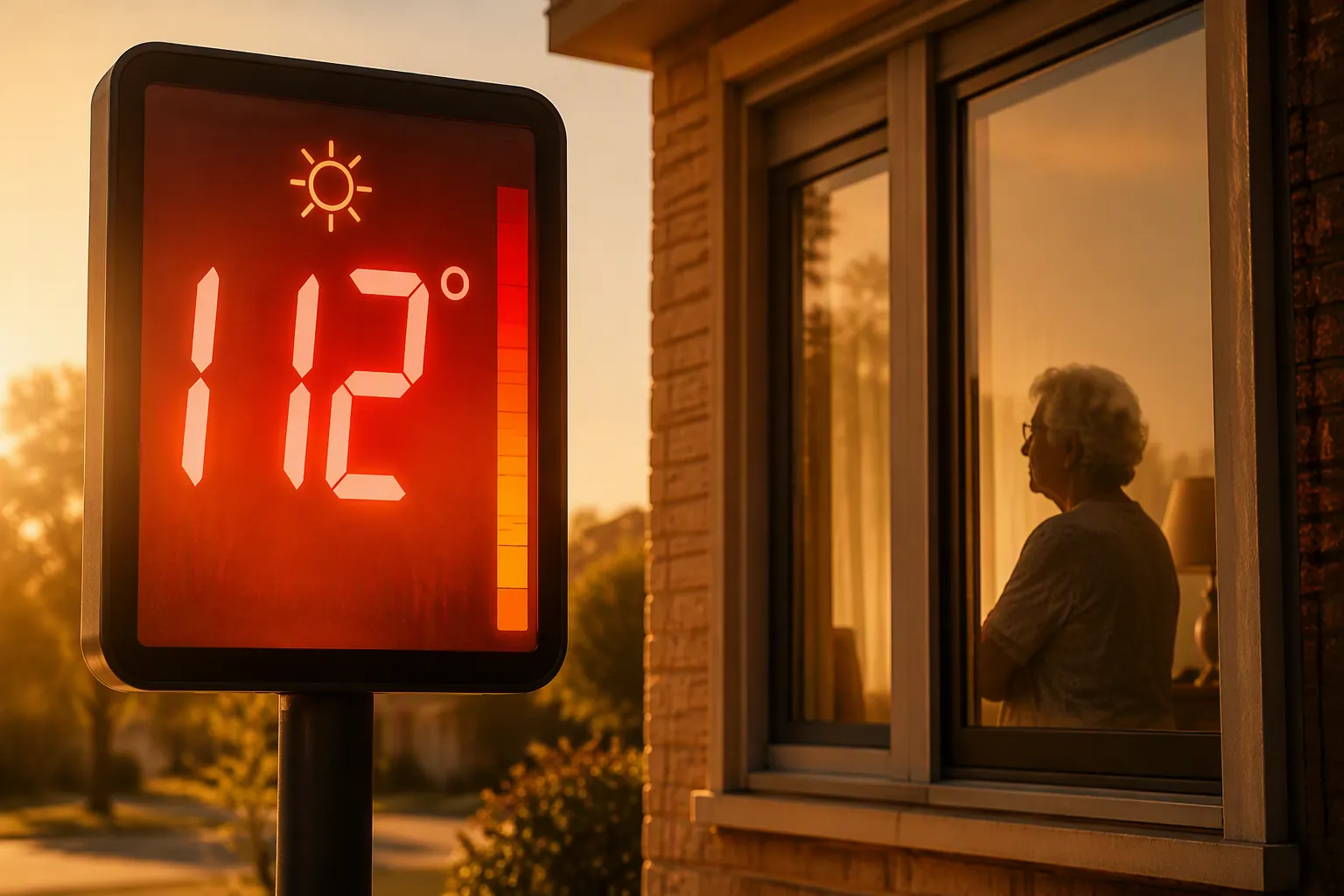 A heat index display in the high danger zone near a home window with an older adult indoors