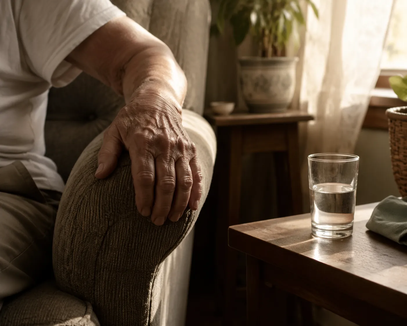 Older adult gripping a chair arm beside a half-full glass of water in a warm living room