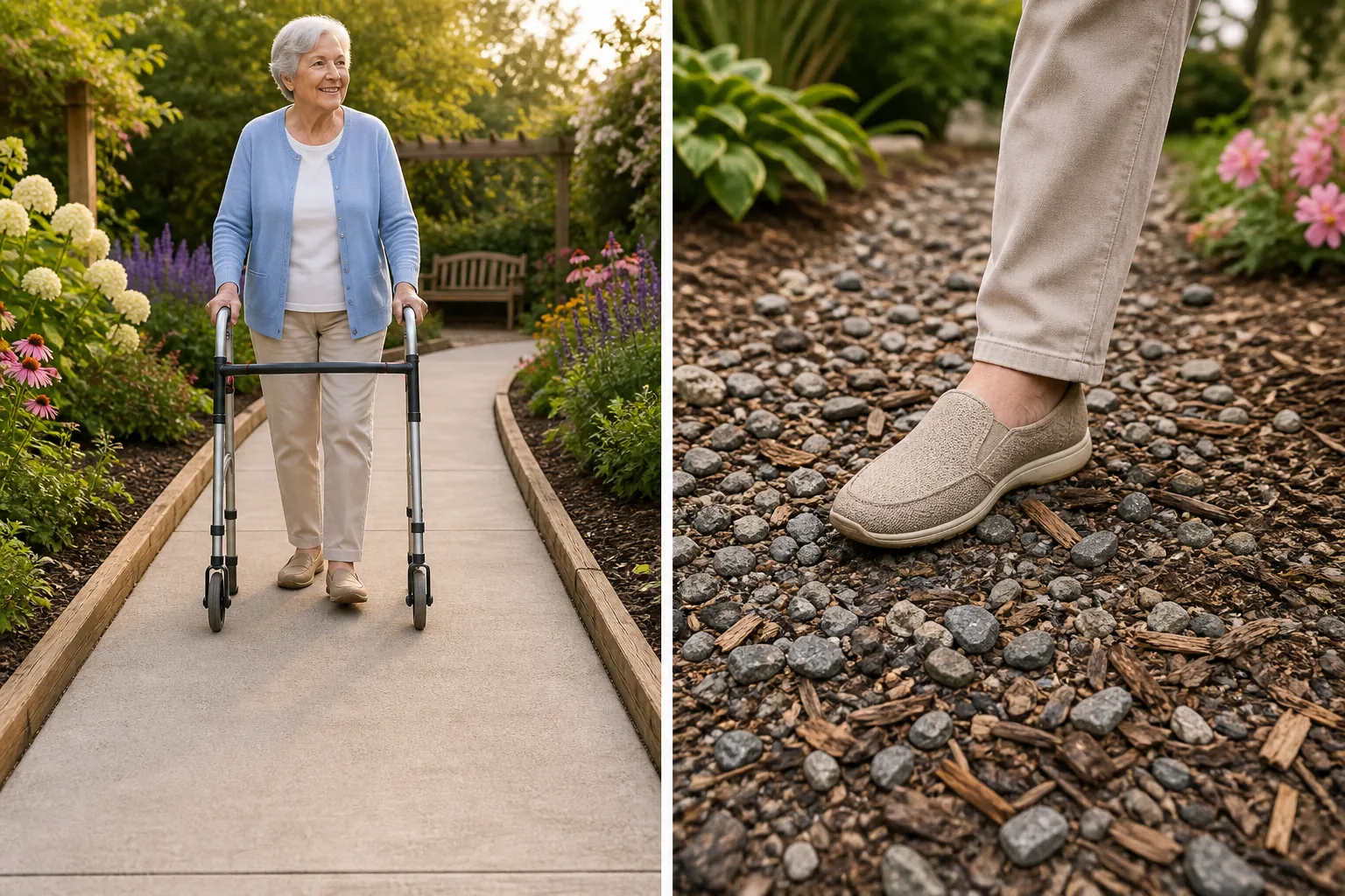 Comparison of a wide smooth garden path with raised edging and a walker versus loose gravel and bark chips