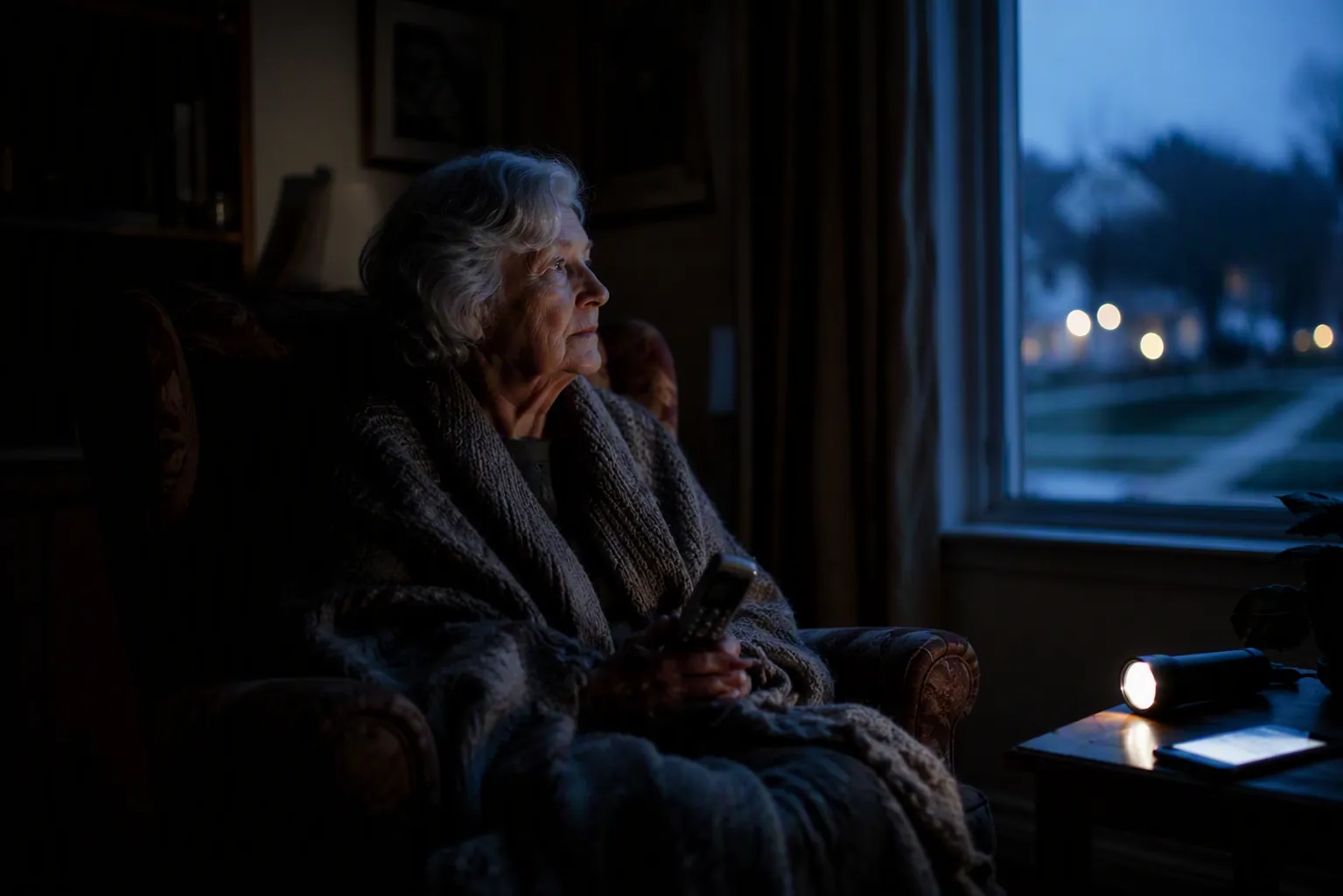 Older woman sitting in a dim living room during a power outage with a phone, flashlight, and smartphone nearby