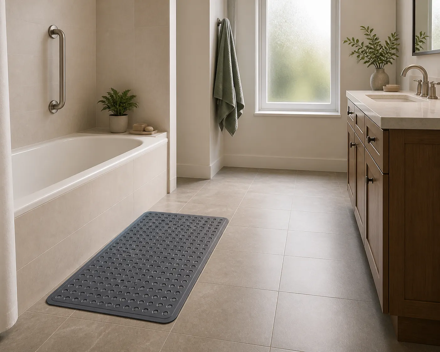 Bathroom with a flat non-slip bath mat, clear dry walkway, and grab bar near the tub