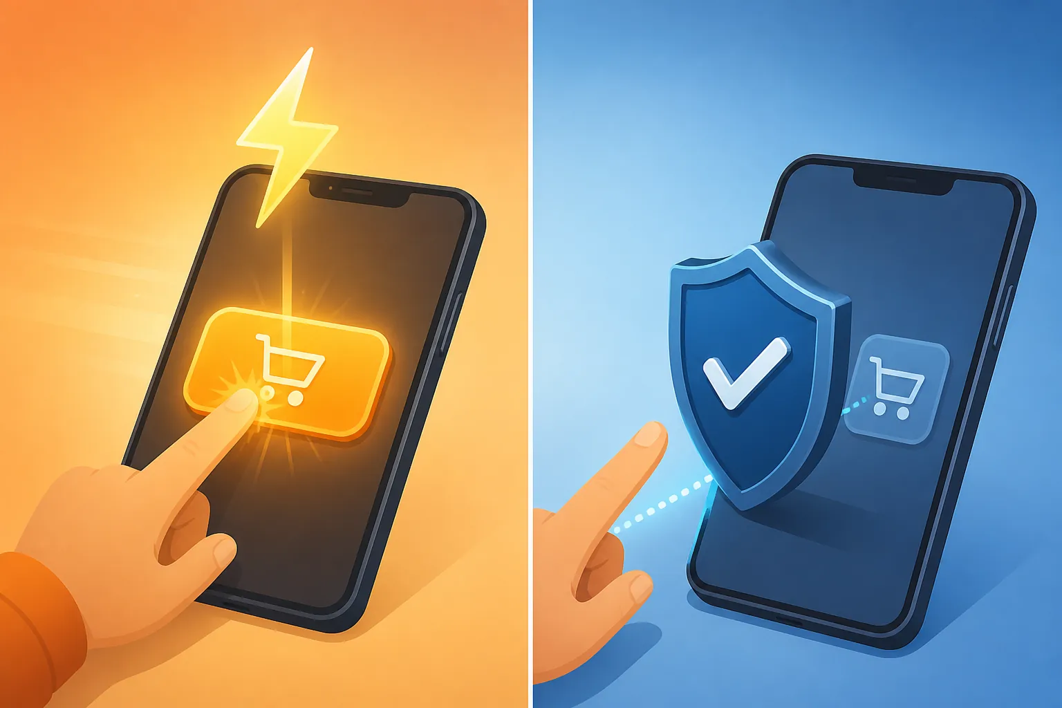 A smartphone purchase button contrasted with a guarded checkout confirmation
