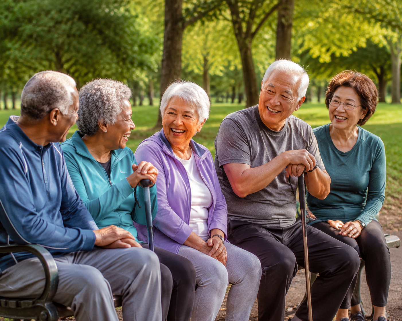 Group of older adults smiling and talking on park benches after a gentle group walk