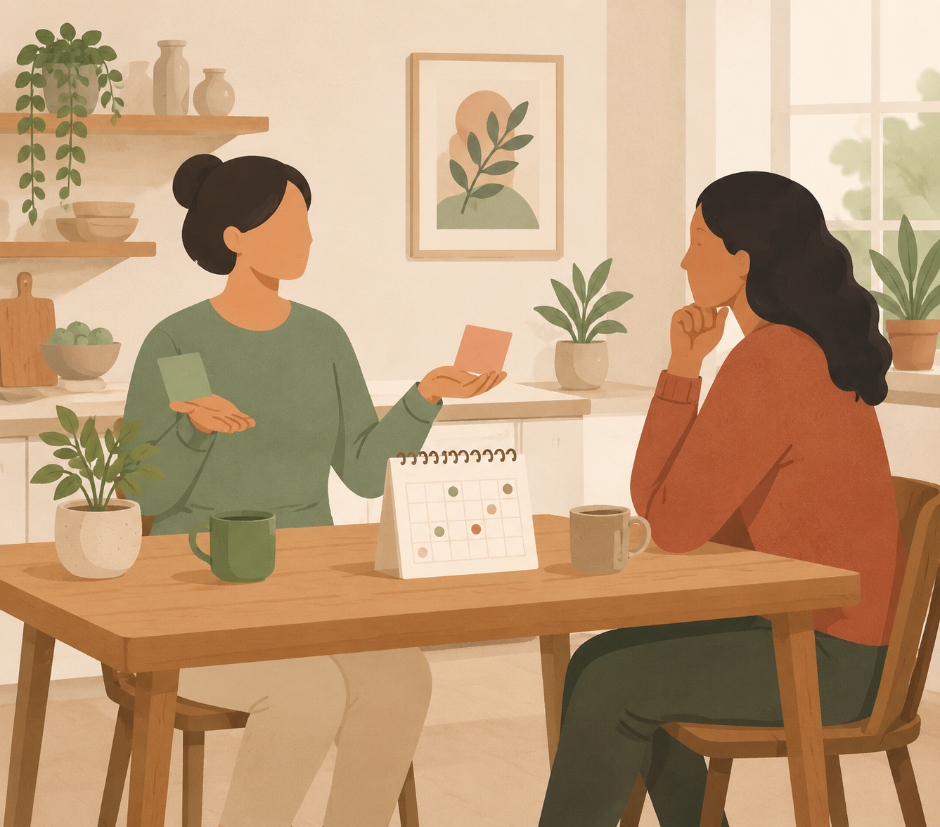 Two adult siblings at a kitchen table discussing two specific caregiving choices with a calendar between them