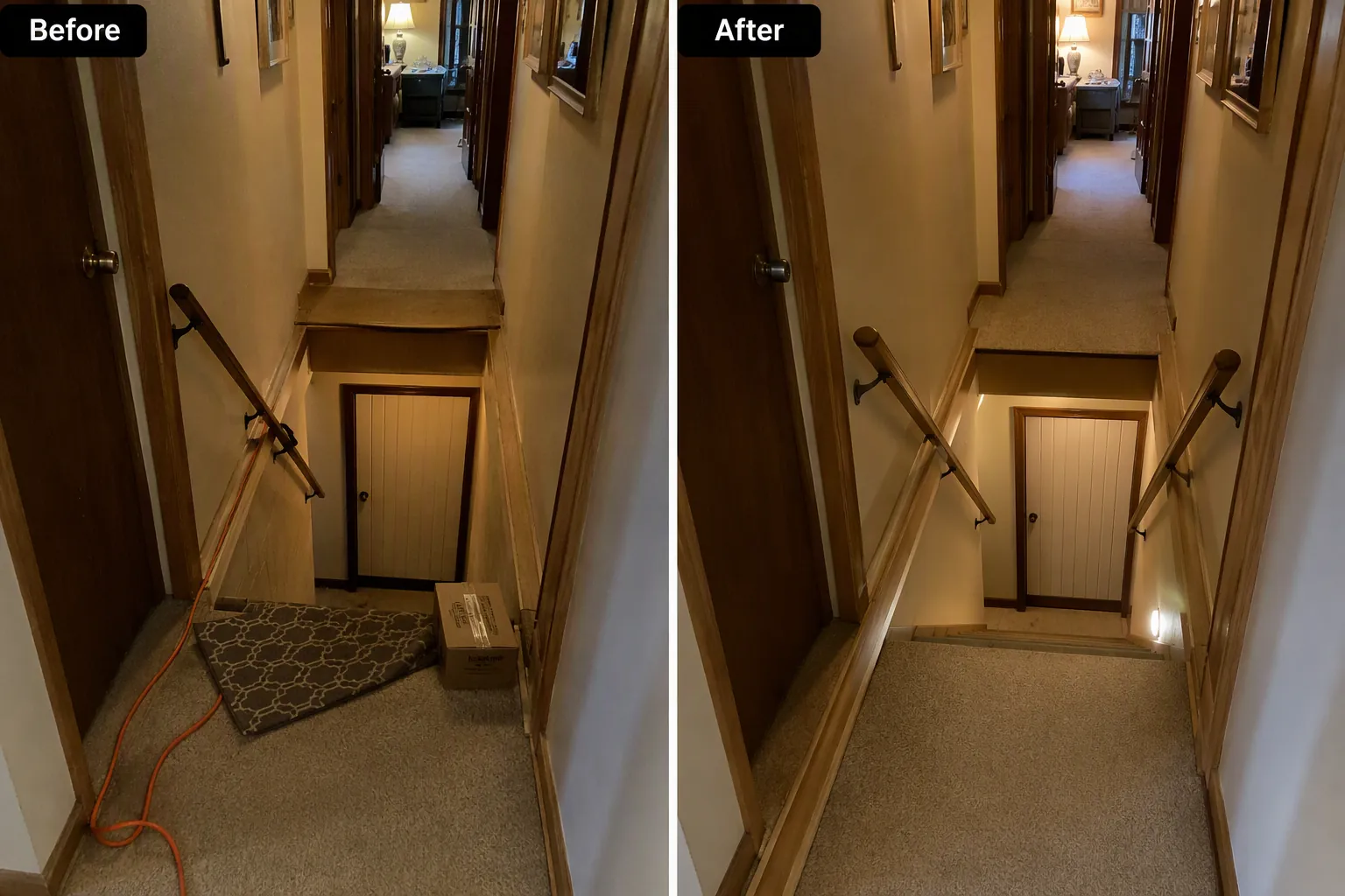 Side-by-side hallway and stair route showing clutter and cords on one side and a cleared, lit route with handrails on the other