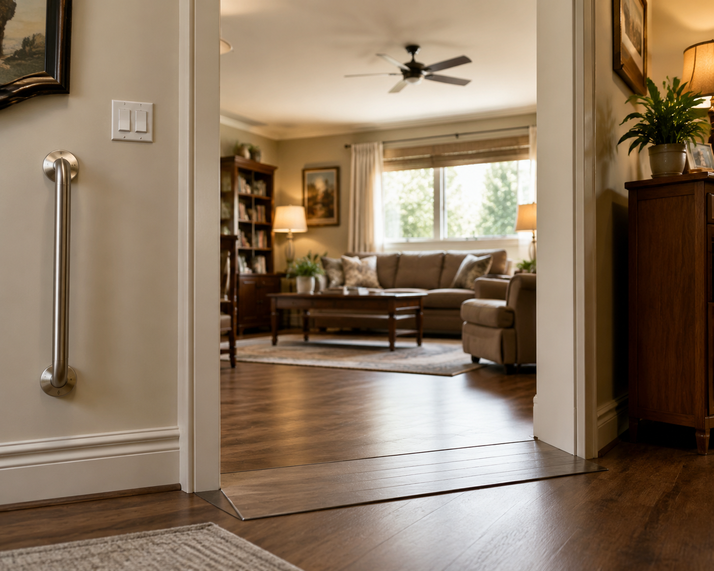 A widened doorway with a low-profile threshold ramp, grab bar, rocker light switches, and warm natural light in a lived-in home