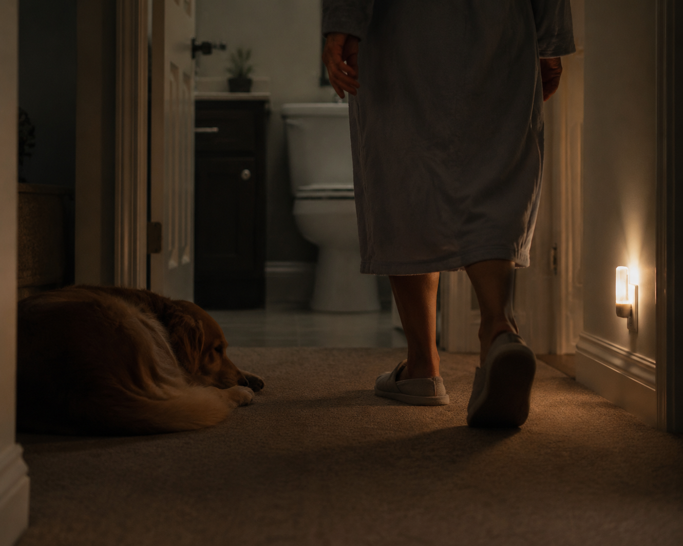 Dim hallway at night with an older adult walking toward a bathroom while a dog lies in the shadowed path